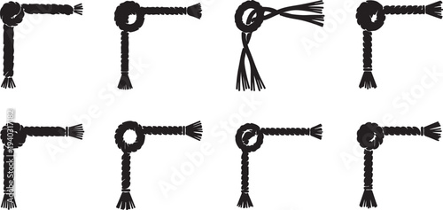 Set of eight black rope corners with various knot designs for borders on transparent background