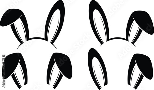 Easter Bunny Ears Silhouette Set, Cute Rabbit Headband Poses, Holiday Costume Elements, cad drawing flat vector illustration, Black, White, Isolated