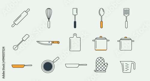 Kitchen utensil icons set with rolling pin whisk spatula spoon ladle spatula blender knife cutting board pot pan oven mitt measuring cup for cooking and baking preparation