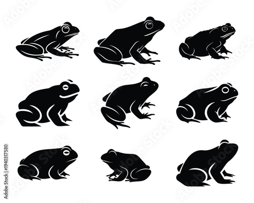 Set of 8 black frog silhouette icons, isolated on transparent and white background, vector