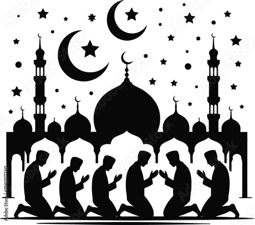 Muslims praying in front of mosque silhouette vector illustration.