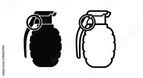 Two grenade designs one solid black and one outlined a stark silhouette