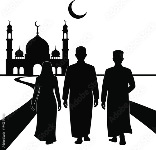 Muslim family walking to mosque silhouette vector illustration.
