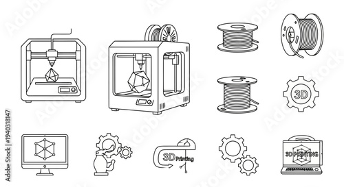 Three dimensional printing technology linear icon set including additive manufacturing printers filaments spools modeling software on computer and industrial prototype creation gear symbols design