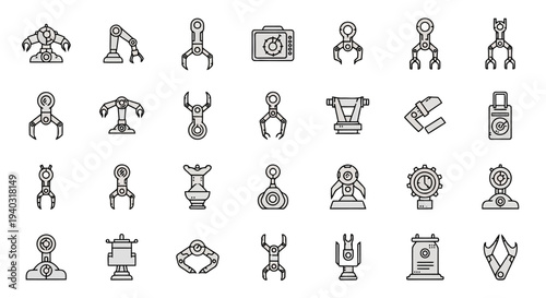 Robotic arm and automated industrial machinery icons showing various mechanical grippers robotic claws assembly line equipment manufacturing tools factory automation systems and electronic sensors