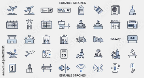 Airport travel vector icons set, airplane, ticket, luggage, passport, control tower, baggage claim, customs, gate, passenger, food court, wifi, editable strokes, transportation elements