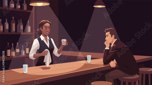 Vector illustration of a woman bartender serving a man a drink at a bar