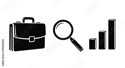 Business icons including briefcase magnifying glass and rising bars silhouette