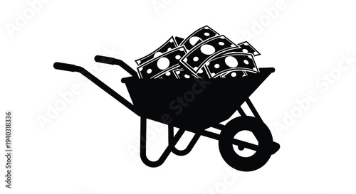 A wheelbarrow overflowing with money depicted as a stark silhouette