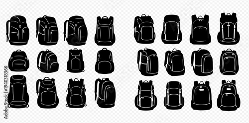 Set of various black backpack silhouettes for travel, school, and hiking adventures.