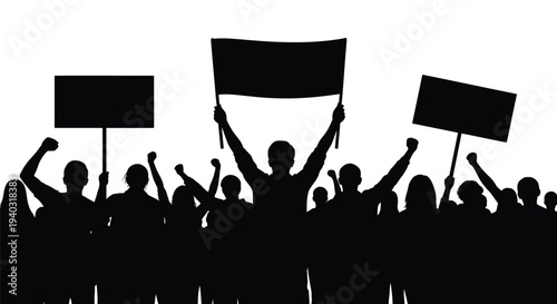 Protesting crowd with raised signs and fists a dramatic silhouette