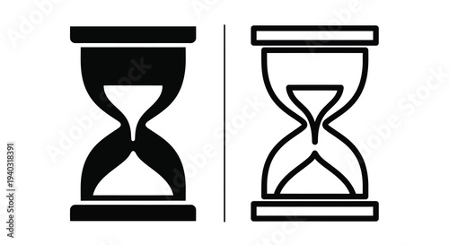 Two hourglass shapes one filled and one empty in black and white silhouette
