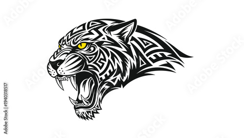 Fierce tiger head drawing in a black and white tribal style with intricate geometric patterns and yellow eyes.