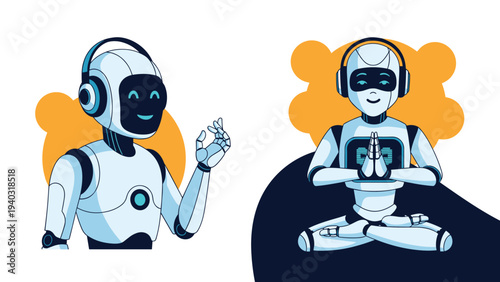 Two futuristic white robots with one waving and the other sitting in a meditation pose against orange circular accents.