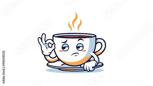 Sassy coffee cup character with a face showing an okay hand gesture and a bored expression with steam rising in flat design.