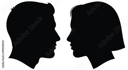 A man and woman facing each other in stark profile silhouette