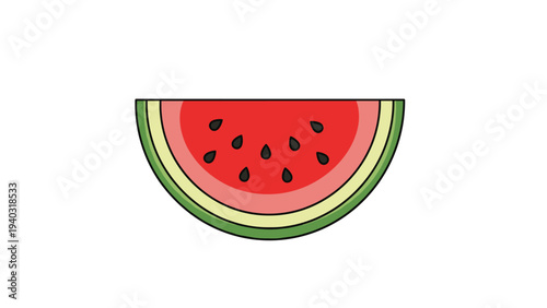Simple and flat vector illustration of a juicy red watermelon slice with black seeds and a green rind on white background.