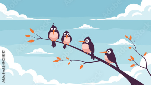 Four cute purple birds perched on a tree branch with orange leaves against a light blue sky and white clouds background.