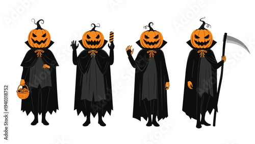 Set of spooky jack o lantern characters in long black capes standing together for a halloween celebration with various spooky accessories.