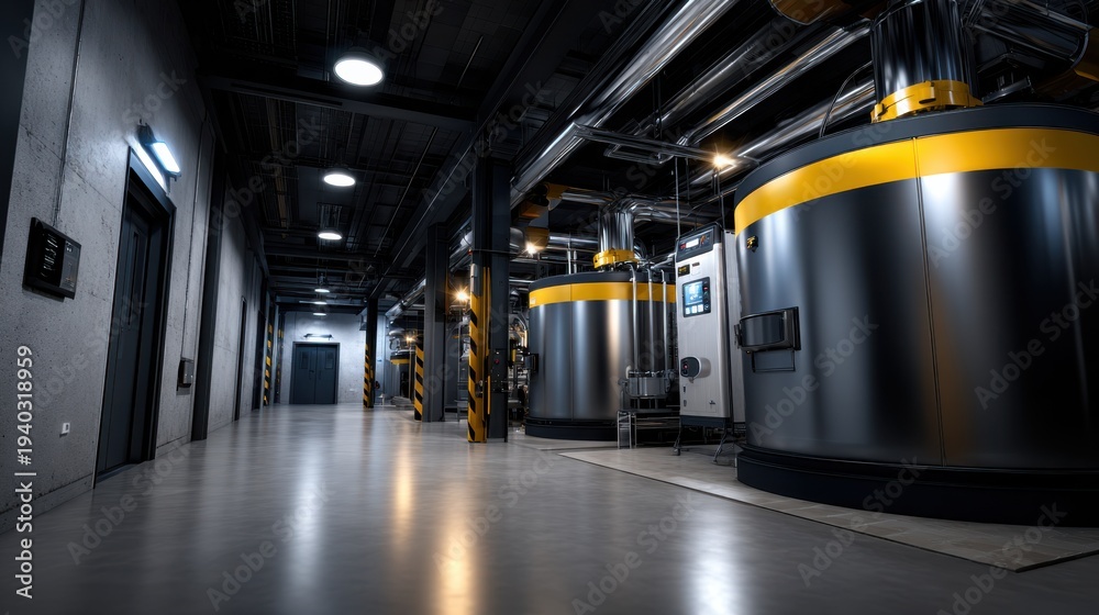 Obraz premium Industrial facility interior with large cylindrical tanks, modern piping, and subdued ambient lighting, ideal for manufacturing or technology concepts.