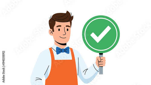 Friendly male character wearing an orange apron and a blue bow tie holding up a large green circle sign with a white check mark.