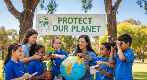 Teacher shows children planet earth model outdoors promote environmental protection educate kids