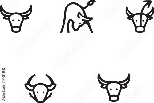 Vector icons of bull heads and a charging bull, symbolizing bullish stock market trends, power, and finance