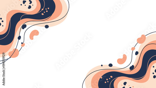 Elegant abstract background featuring flowing wavy shapes in peach, navy blue, and cream colors with fine lines and scattered dots.