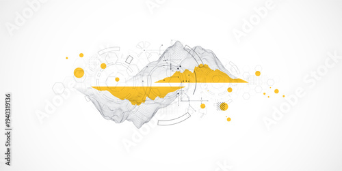 Abstract technological background with mountain elements made in a wireframe style.