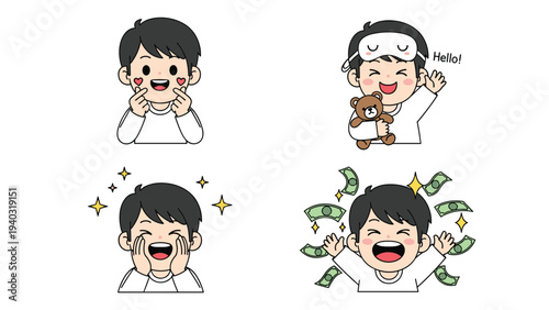 Diverse set of boy characters showing expressions of love, sleepiness with a teddy bear, excitement, and joy surrounded by money.