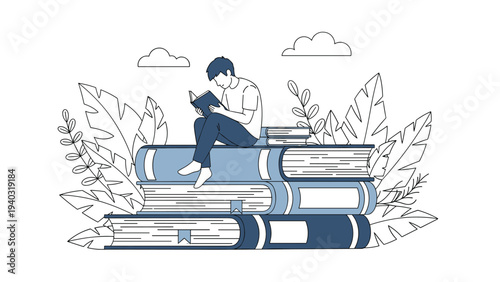 Young man sitting comfortably on top of a giant stack of books and reading a book in a peaceful natural environment with plants.
