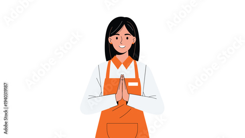 Friendly female staff member wearing an orange apron and white shirt standing with hands together in a polite and welcoming greeting gesture.