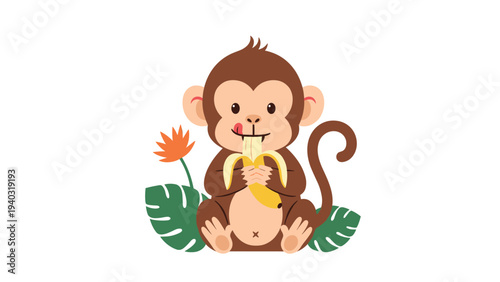 Cheerful brown monkey sitting and happily eating a yellow banana surrounded by tropical green leaves and a bright orange flower.