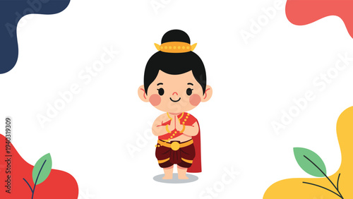 Adorable girl character dressed in traditional thai clothing standing with hands together in a respectful wai greeting pose.