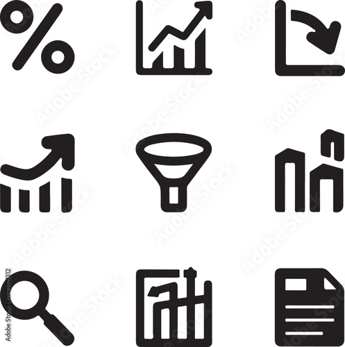 Collection of business and finance icons: percentage, growth charts, down arrow, funnel, magnifying glass, and buildings