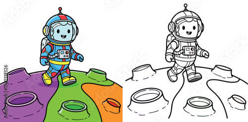Cute astronaut walking on colorful alien planet vector illustration with black and white line art version for kids coloring book