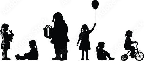 Black silhouette collection of Santa Claus with gift and little children playing with balloon and riding tricycle isolated on white background for Christmas