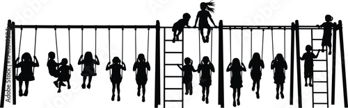 Black silhouette of a large group of children playing on a swing set and climbing frames isolated on white background for playground