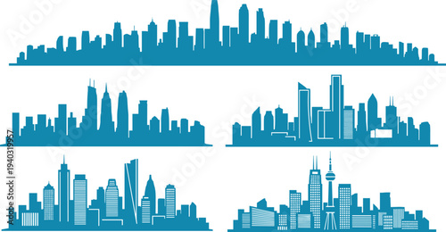 Blue silhouette of various city skylines set on white background, urban panorama landscape with skyscrapers, modern metropolitan architecture, vector illustration, city border