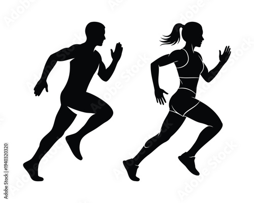 Set of 2 running silhouettes, isolated on transparent and white background, vector