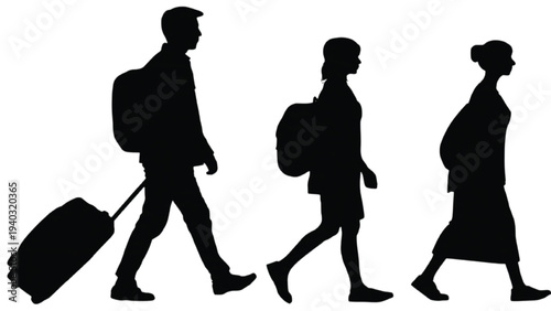 Summer travel tourist silhouettes walking with luggage vacation concept
