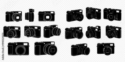 Set of black camera silhouettes, digital photography equipment, vector illustration with various angles and styles.