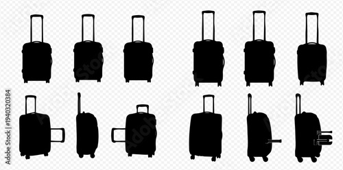Set of travel suitcase silhouettes in various angles, perfect for vacation and journey concepts.