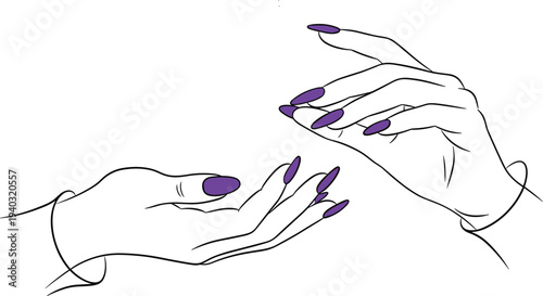Hands, with, purple, manicure, reaching, for, pink, butterfly, illustration, beauty, salon, nails, design, vector, art, element, transformation, nature, grace, delicate, feminine, cosmetic.