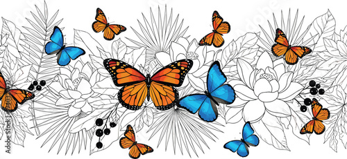 Horizontal seamless border with colorful monarch and blue morpho butterflies on tropical leaves and flowers line art background for summer garden design
