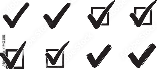 Black check mark icons in squares with hand drawn brush texture for survey voting and checklist confirmation symbols set
