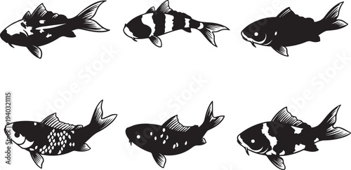 Collection of decorative koi fish silhouettes with diverse scale patterns and fins swimming in different positions on