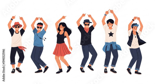 Six diverse people dancing together in a line wearing casual clothes and sunglasses raising arms in a joyful dance move on white background