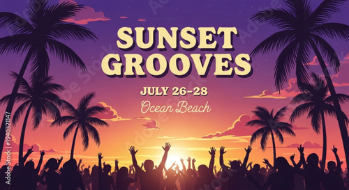 Sunset grooves music festival crowd dancing at beach with palm trees during vibrant purple and orange sunset