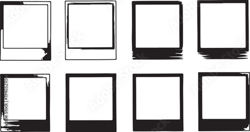 Collection of eight black instant photo frames with grunge brush stroke effects on a transparent background vector